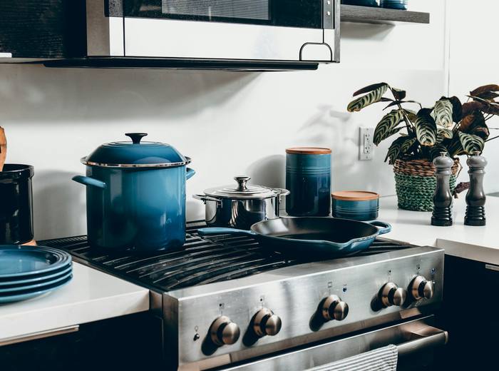 Professional stainless steel range in a kitchen